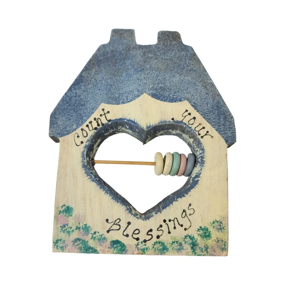 Vintage Count Your Blessings Wooden House Wall Plaque Abacus Heart Cutout Blue